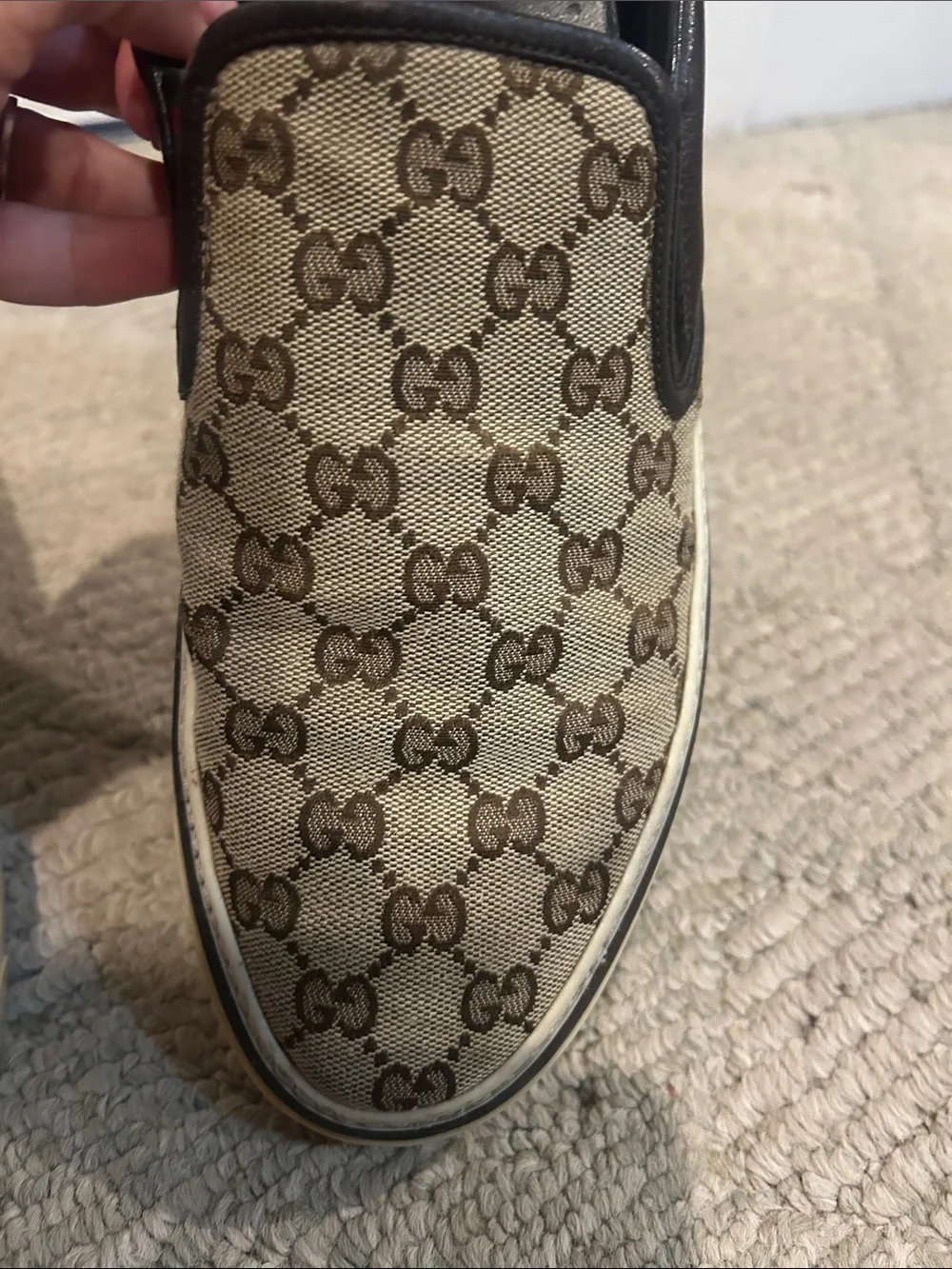 Gucci Beige Brown GG Canvas Slip-On Loafer with Dark Brown Trim